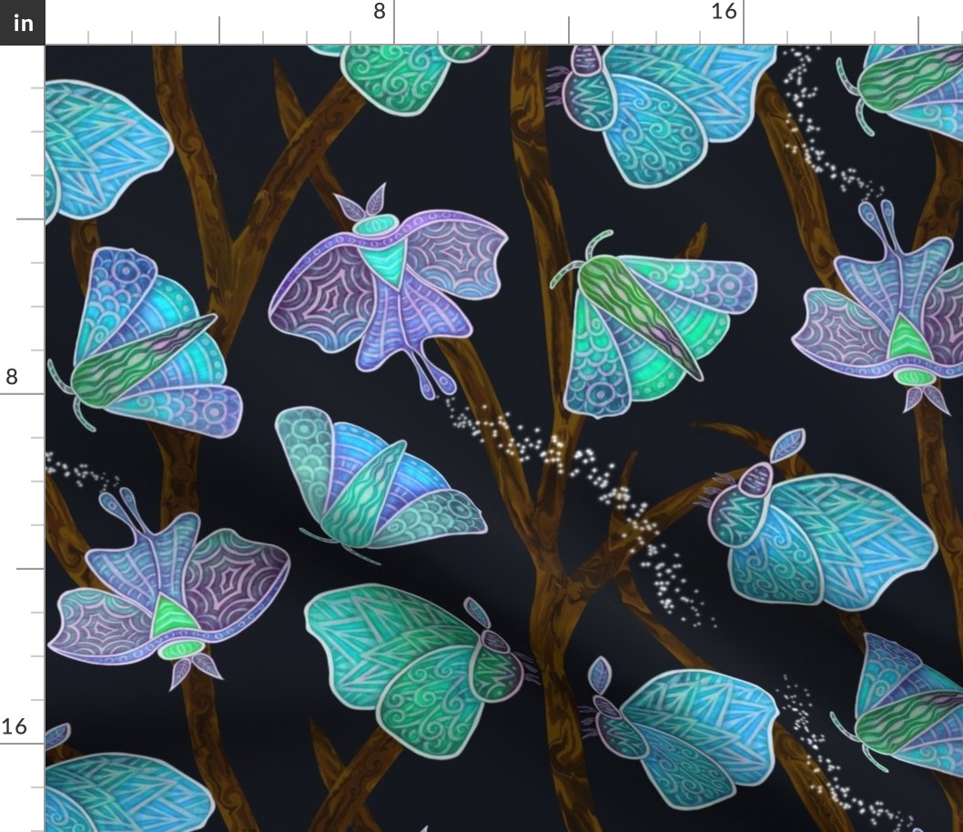 Forest Doodle Moths in blues, large