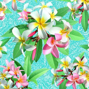 Plumeria Party on Blue Leaves 9"print