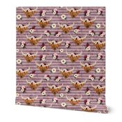 floral highland cattle - highlander cow -  mauve stripes - LAD19