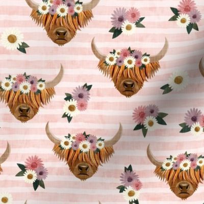 floral highland cattle - highlander cow -  pink stripes - LAD19