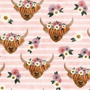 floral highland cattle - highlander cow -  pink stripes - LAD19