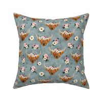 floral highland cattle - highlander cow -  dusty blue - LAD19