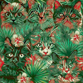 Large scale • Summer floral cats - green & red