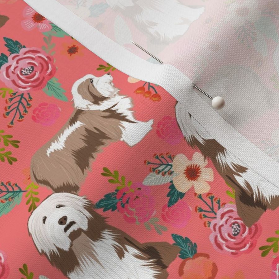 bearded collie floral fabric - light brown bearded collie, brown bearded collie, dog fabric, bearded collie fabric, dog floral fabric -  salmon