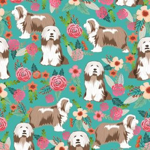 bearded collie floral fabric - light brown bearded collie, brown bearded collie, dog fabric, bearded collie fabric, dog floral fabric -  turquoise