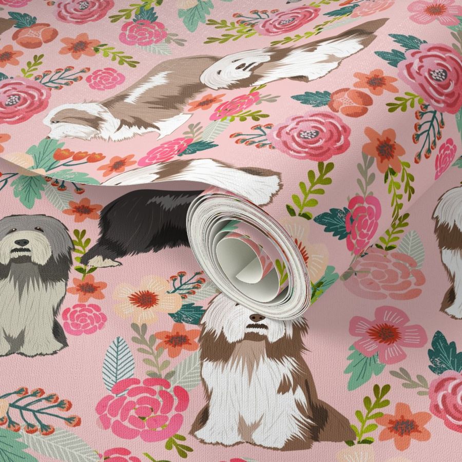 bearded collie floral fabric - light brown bearded collie, brown bearded collie, dog fabric, bearded collie fabric, dog floral fabric -  light pink