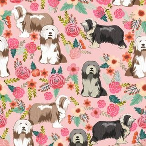 bearded collie floral fabric - light brown bearded collie, brown bearded collie, dog fabric, bearded collie fabric, dog floral fabric -  light pink