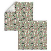 bearded collie floral fabric - light brown bearded collie, brown bearded collie, dog fabric, bearded collie fabric, dog floral fabric -  minty green