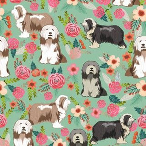 bearded collie floral fabric - light brown bearded collie, brown bearded collie, dog fabric, bearded collie fabric, dog floral fabric -  minty green