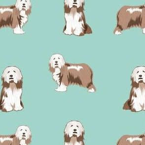 bearded collies fabric - brown bearded collie fabric - mint