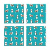 bearded collies fabric - brown bearded collie fabric -  teal