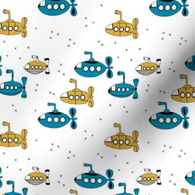 We all wanna live in a yellow submarine cute under water boats kids design mustard petrol blue SMALL
