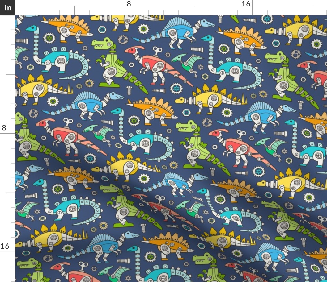 Robot Dinosaurs Multi Colours on Navy Dark Blue