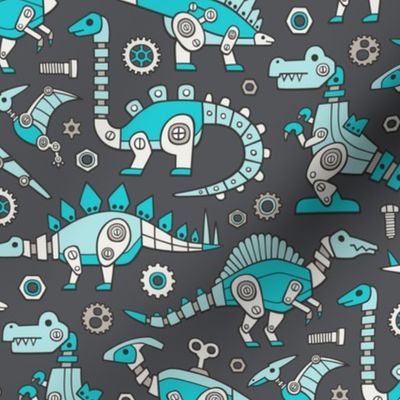 Robot Dinosaurs Aqua Blue on Dark Grey