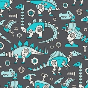 Robot Dinosaurs Aqua Blue on Dark Grey