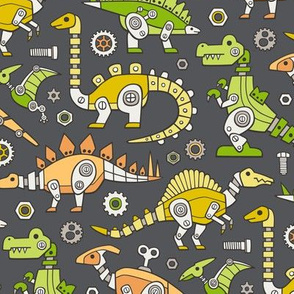 Robot Dinosaurs Green, Yellow & Orange on Dark Grey