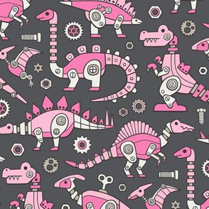 Robot Dinosaurs Pink on Dark Grey