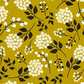 Mary's Floral (goldenrod) Black + White Flower Fabric, MEDIUM  scale