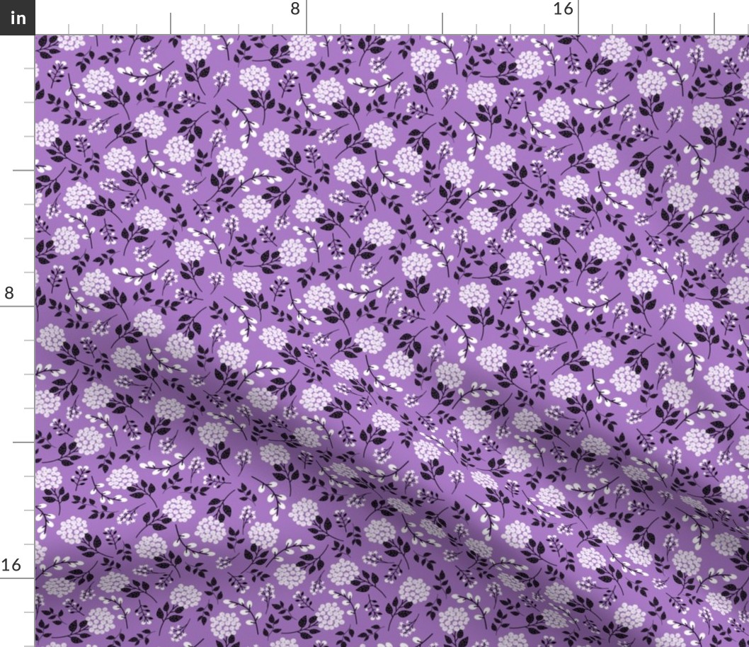 Mary's Floral (purple) Black + White Flower Fabric, SMALLER scale