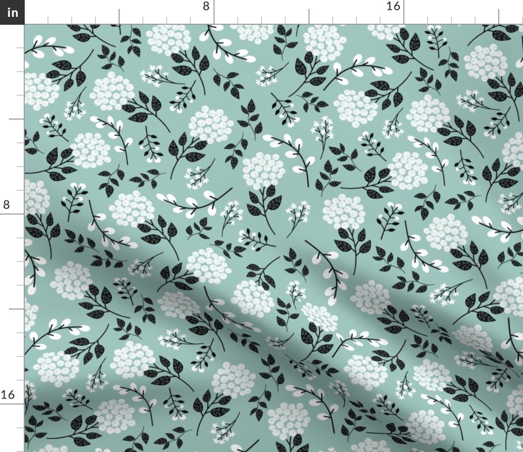 Mary's Floral (ice blue) Black + White Flower Fabric, MEDIUM  scale