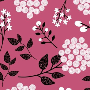 Mary's Floral (magenta) Black + White Flower Fabric, LARGER scale