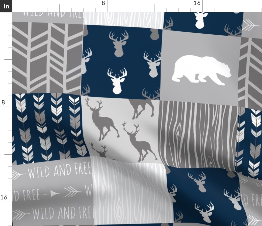 Custom Patchwork Deer with BEAR - Navy and grey