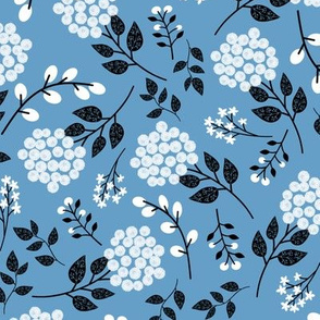 Mary's Floral (wedgewood blue) Black + White Flower Fabric, MEDIUM  scale
