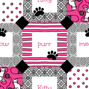 Purr-fect Kitty Meows in Pink / Cheater Quilt  Modern Fun Take on Traditional Quilt 