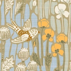 xl - poppy field with birds in neutral colors - extra large as fabric 24" and as wallpaper