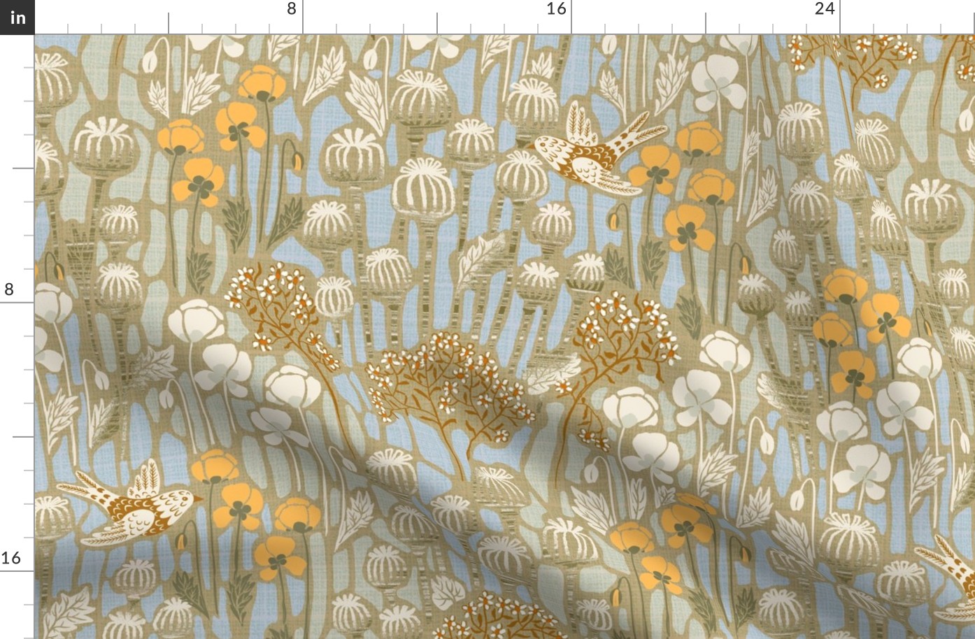 xl - poppy field with birds in neutral colors - extra large as fabric 24" and as wallpaper