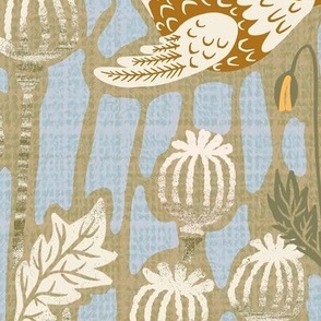 jumbo 44" - poppy field with birds in neutral colors - jumbo scale 44" as fabric / 24" as wallpaper