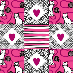 Purr-fect Kitty Meows in Pink / Cheater Quilt  Modern Fun Take on Traditional Nine Patch  