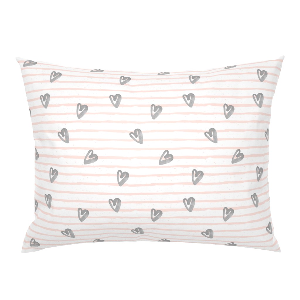 Light Pink Stripes with Grey Watercolor Hearts