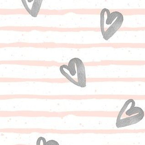Light Pink Stripes with Grey Watercolor Hearts
