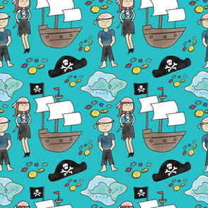 Cute Water Color Pirates on Blue Background