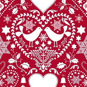 Scandinavian Folk Art With Birds Red White Pattern