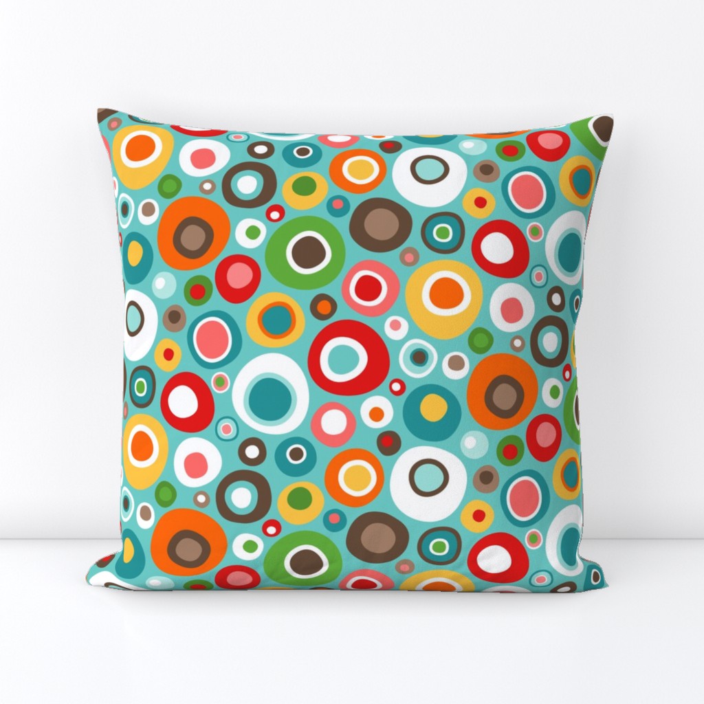 Colorful Mid Century Modern Wobbly Circle Bits // V1 // Turquoise Background // Medium Scale - 450 DPI