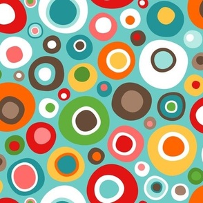 Colorful Mid Century Modern Wobbly Circle Bits // V1 // Turquoise Background // Medium Scale - 450 DPI