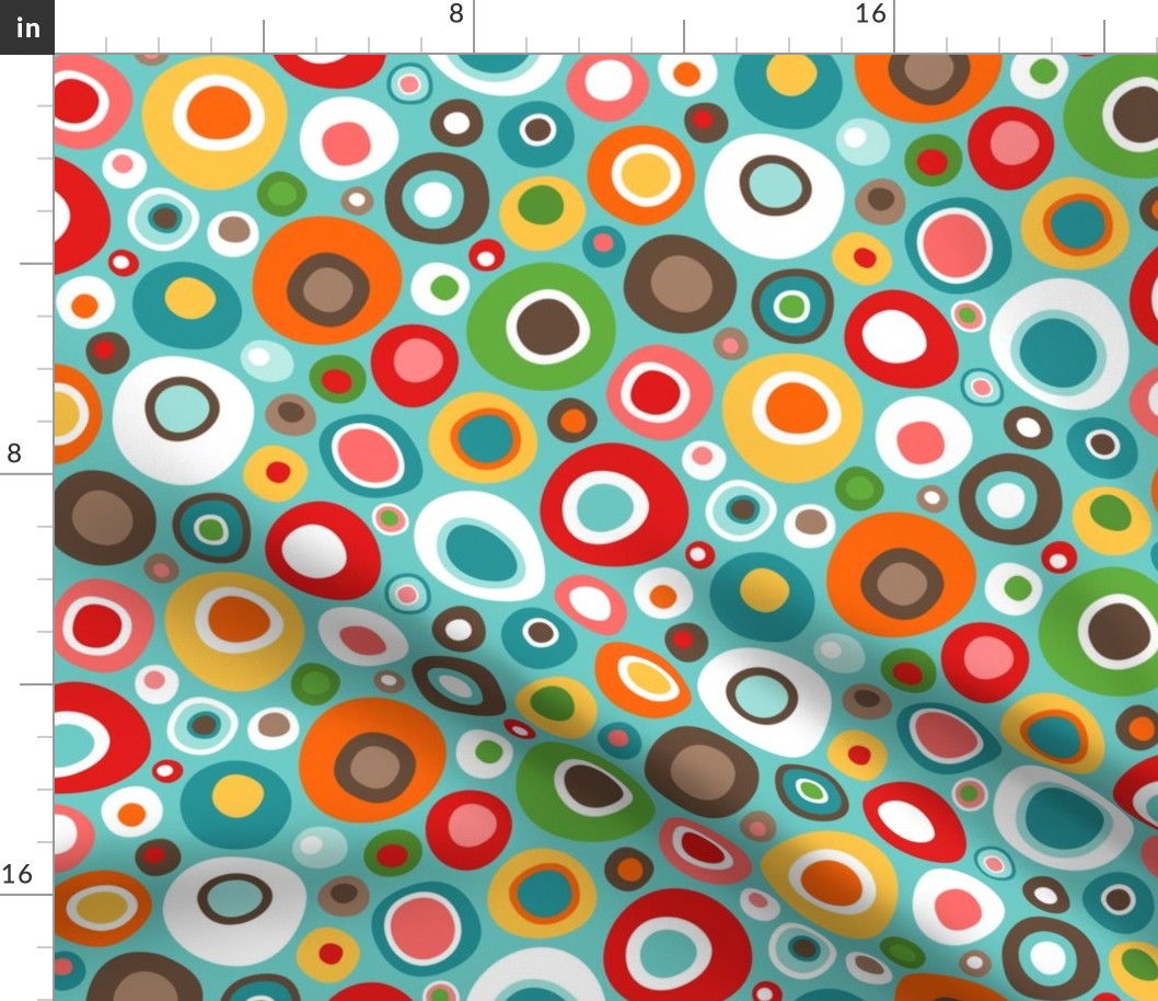Colorful Mid Century Modern Wobbly Circle Bits // V1 // Turquoise Background // Medium Scale - 450 DPI