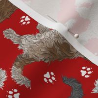 Trotting Schapendoes and paw prints - red