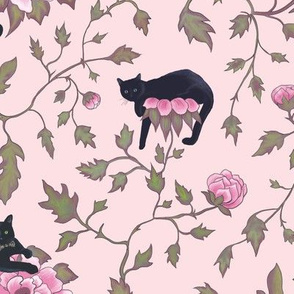 Lazy Cats and Pink Peonies Floral - Animal Pattern
