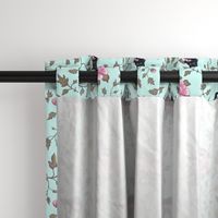 Cats and Peony Flowers Spring Aqua Blue Chinoiserie