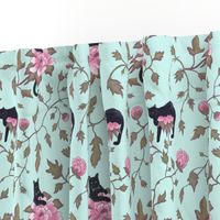 Cats and Peony Flowers Spring Aqua Blue Chinoiserie