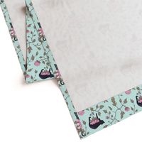 Cats and Peony Flowers Spring Aqua Blue Chinoiserie