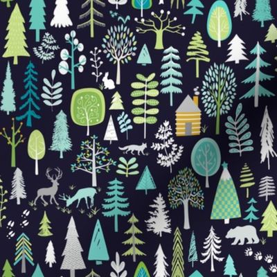 Cabin in the Woods (midnight navy) Trees Woodland Forest, MEDIUM scale