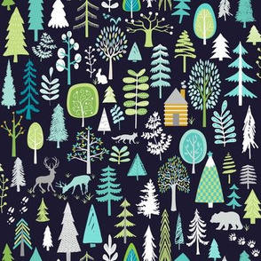 Cabin in the Woods (midnight navy) Trees Woodland Forest, MEDIUM scale