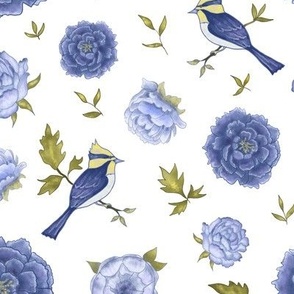 Blue Peonies and Birds Vintage Victorian Style