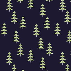 Green Trees (midnight navy) Woodland Forest Fabric, gray tree trunks