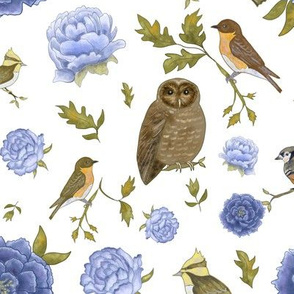 Peonies, Owls and Small Birds Vintage Classic Floral Pattern