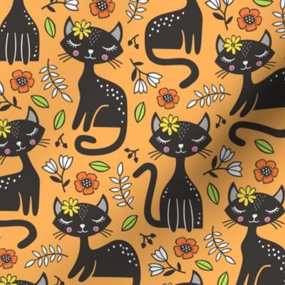 Black Cats & Flowers on Orange